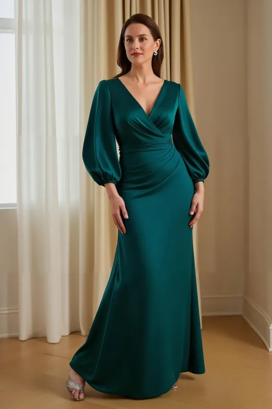 Pine Satin Mermaid V-Neck Long Mother of the Bride Dress with Sleeves sold by Zapaka