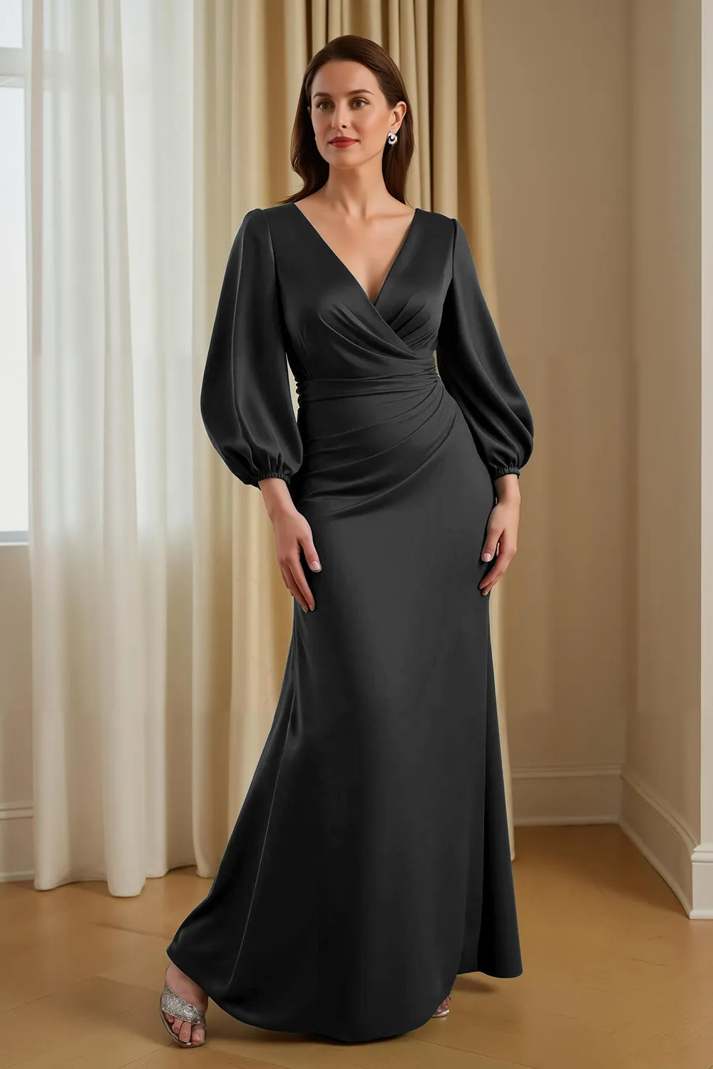 Pine Satin Mermaid V-Neck Long Mother of the Bride Dress with Sleeves sold by Zapaka product image thumbnail 5