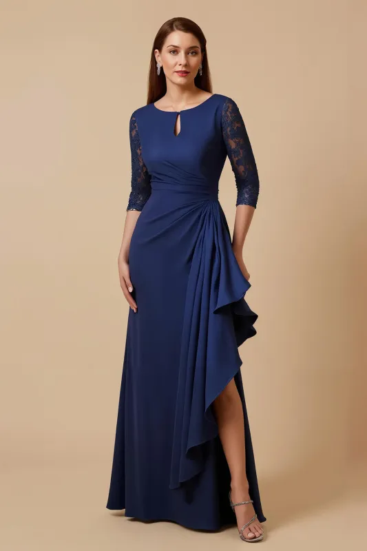 Navy Sheath Chiffon Ruffled Ruched Long Mother of the Bride Dress with Sleeves sold by Zapaka