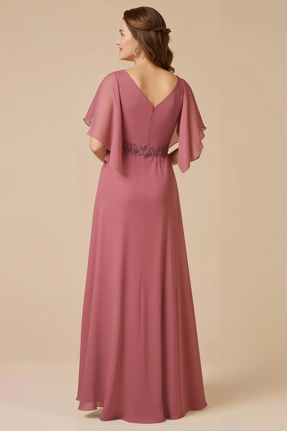 Desert Rose Chiffon A Line Appliqued Mother of the Bride Dress with Sleeves sold by Zapaka product image thumbnail 2