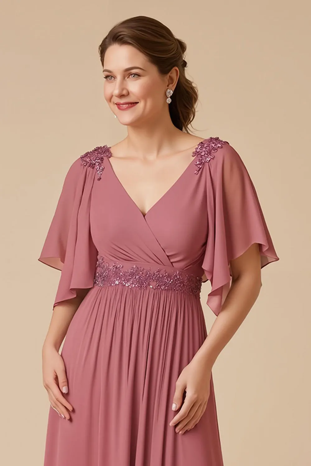 Desert Rose Chiffon A Line Appliqued Mother of the Bride Dress with Sleeves sold by Zapaka product image thumbnail 3