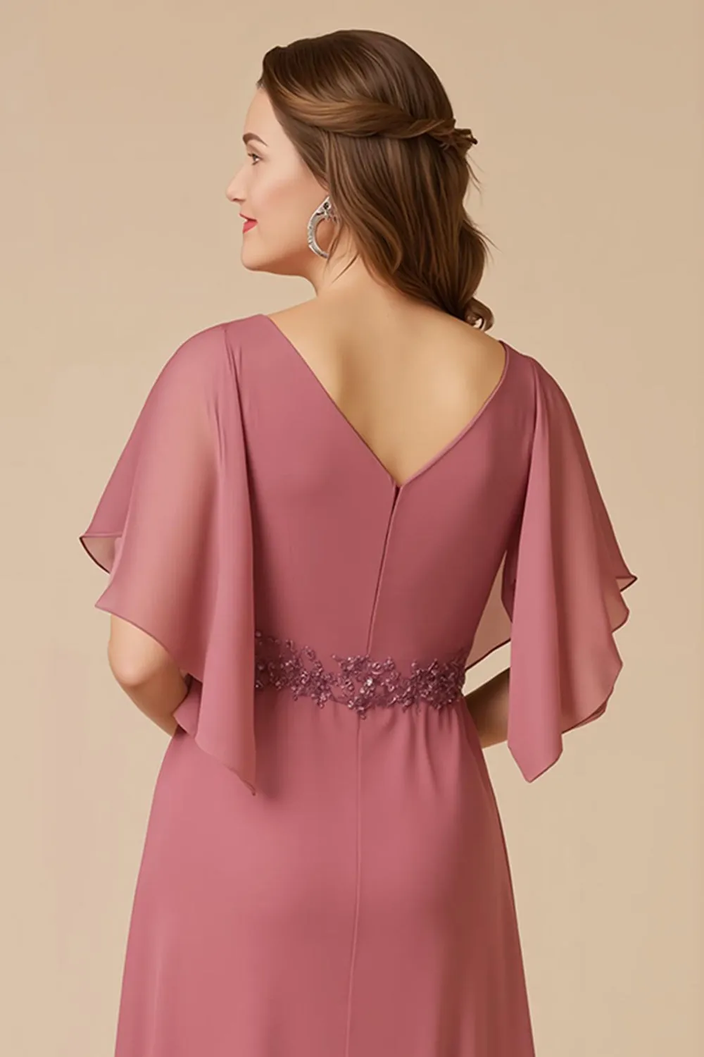 Desert Rose Chiffon A Line Appliqued Mother of the Bride Dress with Sleeves sold by Zapaka product image thumbnail 4