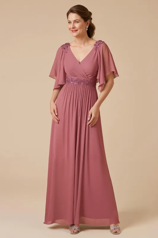 Desert Rose Chiffon A Line Appliqued Mother of the Bride Dress with Sleeves sold by Zapaka