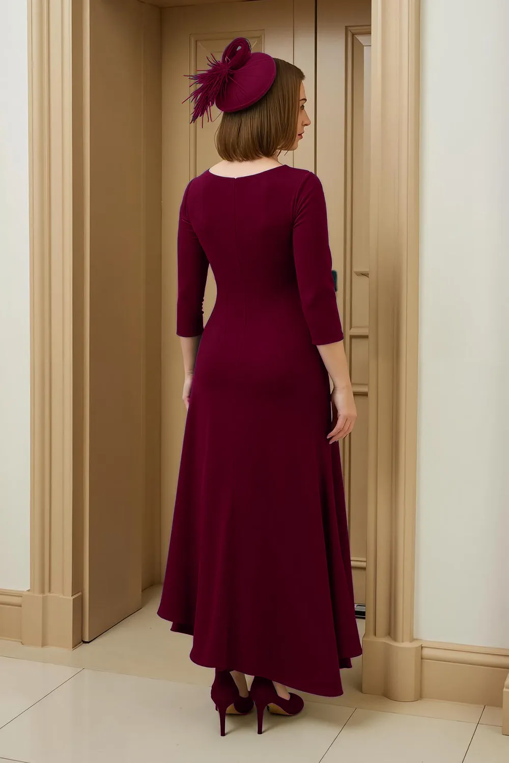 Burgundy A Line Bateau Neck High-Low Wedding Guest Dress sold by Zapaka product image thumbnail 2