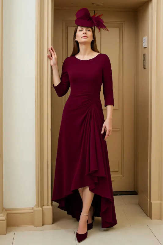 Burgundy A Line Bateau Neck High-Low Wedding Guest Dress sold by Zapaka