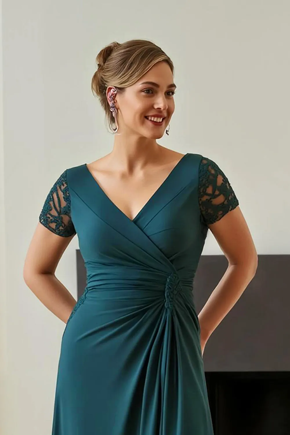 Pine Sheath Ruched V-Neck Mother of the Bride Dress with Slit sold by Zapaka product image thumbnail 3