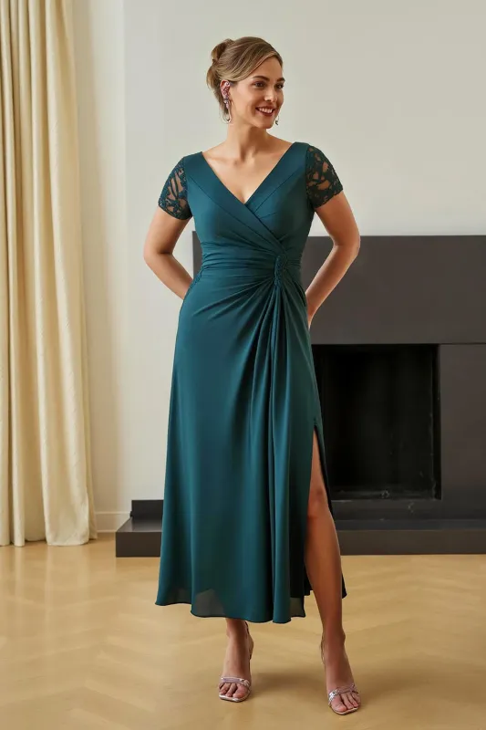 Pine Sheath Ruched V-Neck Mother of the Bride Dress with Slit sold by Zapaka