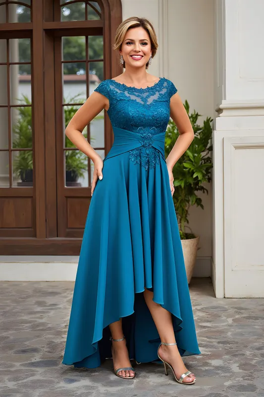 Peacock Blue A-Line Bateau Neck Ruched Mother of the Bride Dress with Lace Appliques sold by Zapaka