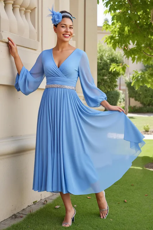 Light Blue A Line Chiffon Long Sleeve Wedding Guest Drses sold by Zapaka