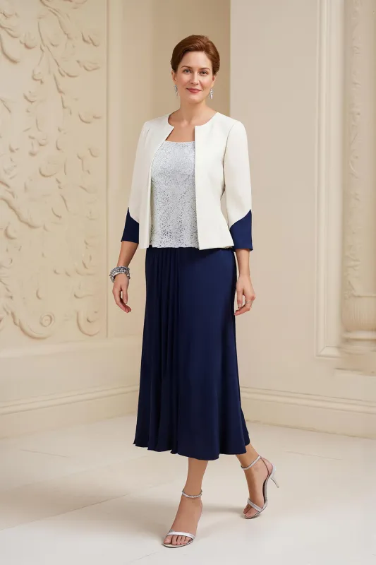 A-Line Navy Bateau Neck 3-Piece Mother of the Bride Dress with Lace sold by Zapaka
