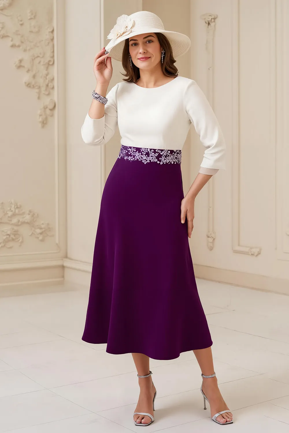 Navy A Line Bateau neck 3/4 Sleeve Midi Wedding Guest Dress with Appliques sold by Zapaka product image thumbnail 5