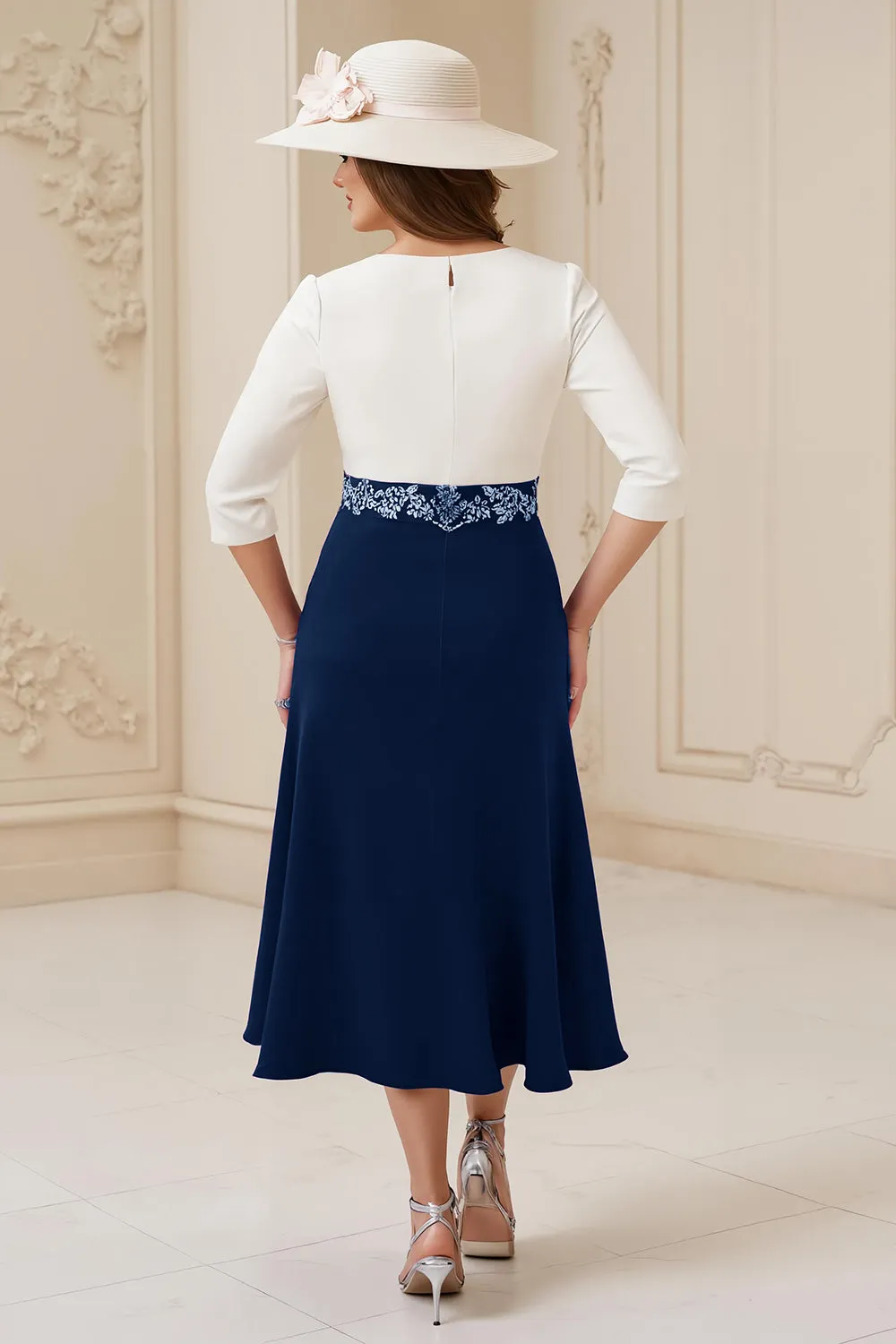Navy A Line Bateau neck 3/4 Sleeve Midi Wedding Guest Dress with Appliques sold by Zapaka product image thumbnail 2