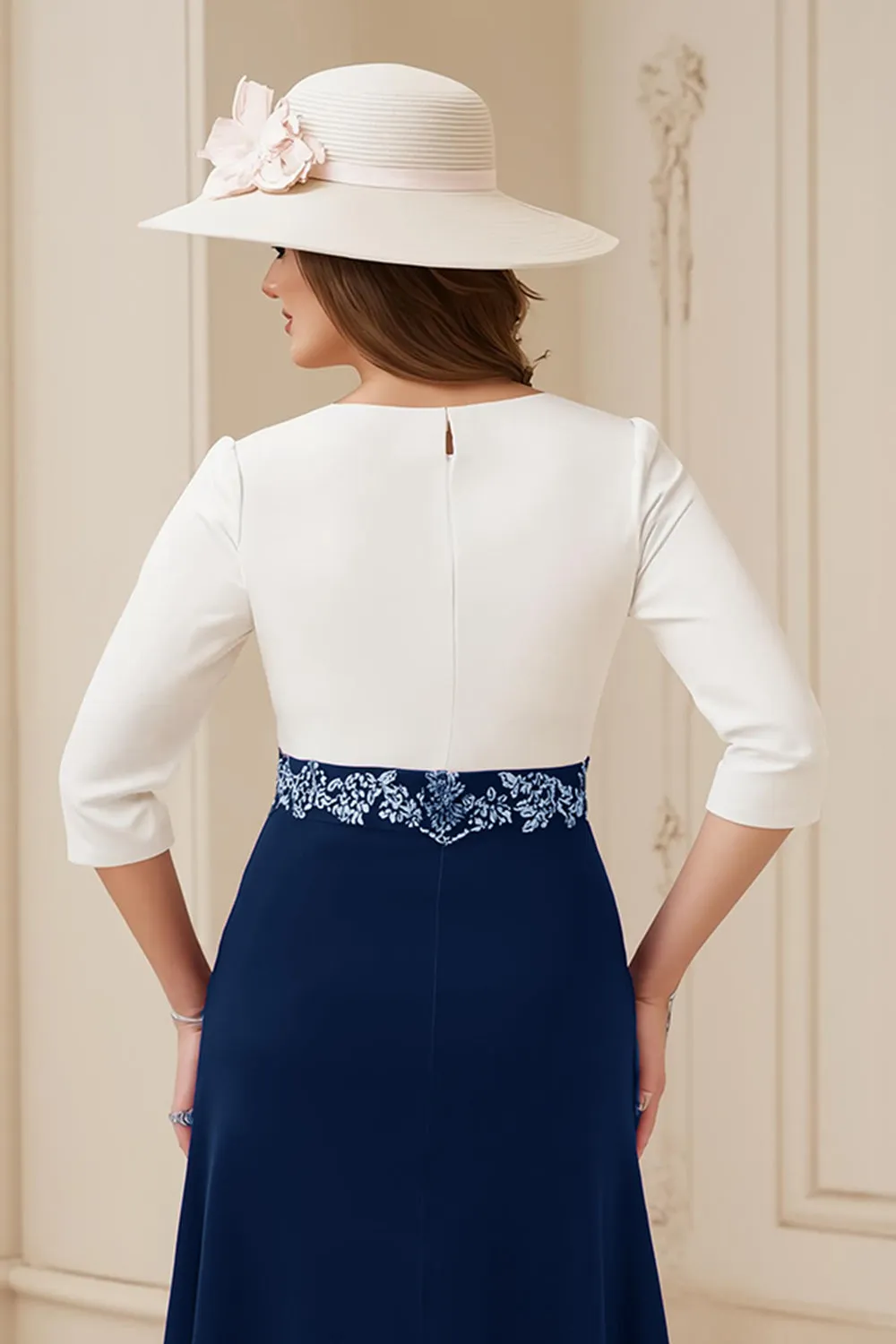 Navy A Line Bateau neck 3/4 Sleeve Midi Wedding Guest Dress with Appliques sold by Zapaka product image thumbnail 4