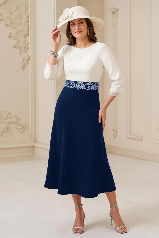 Navy A Line Bateau neck 3/4 Sleeve Midi Wedding Guest Dress with Appliques sold by Zapaka