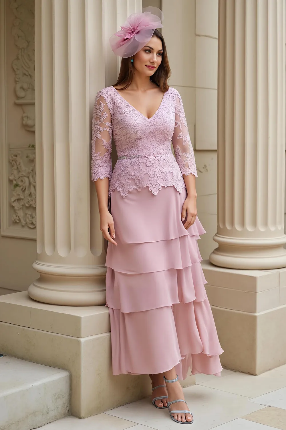 Blush A-Line V-Neck Tiered Chiffon Mother of the Bride Dress with Lace Appliques sold by Zapaka