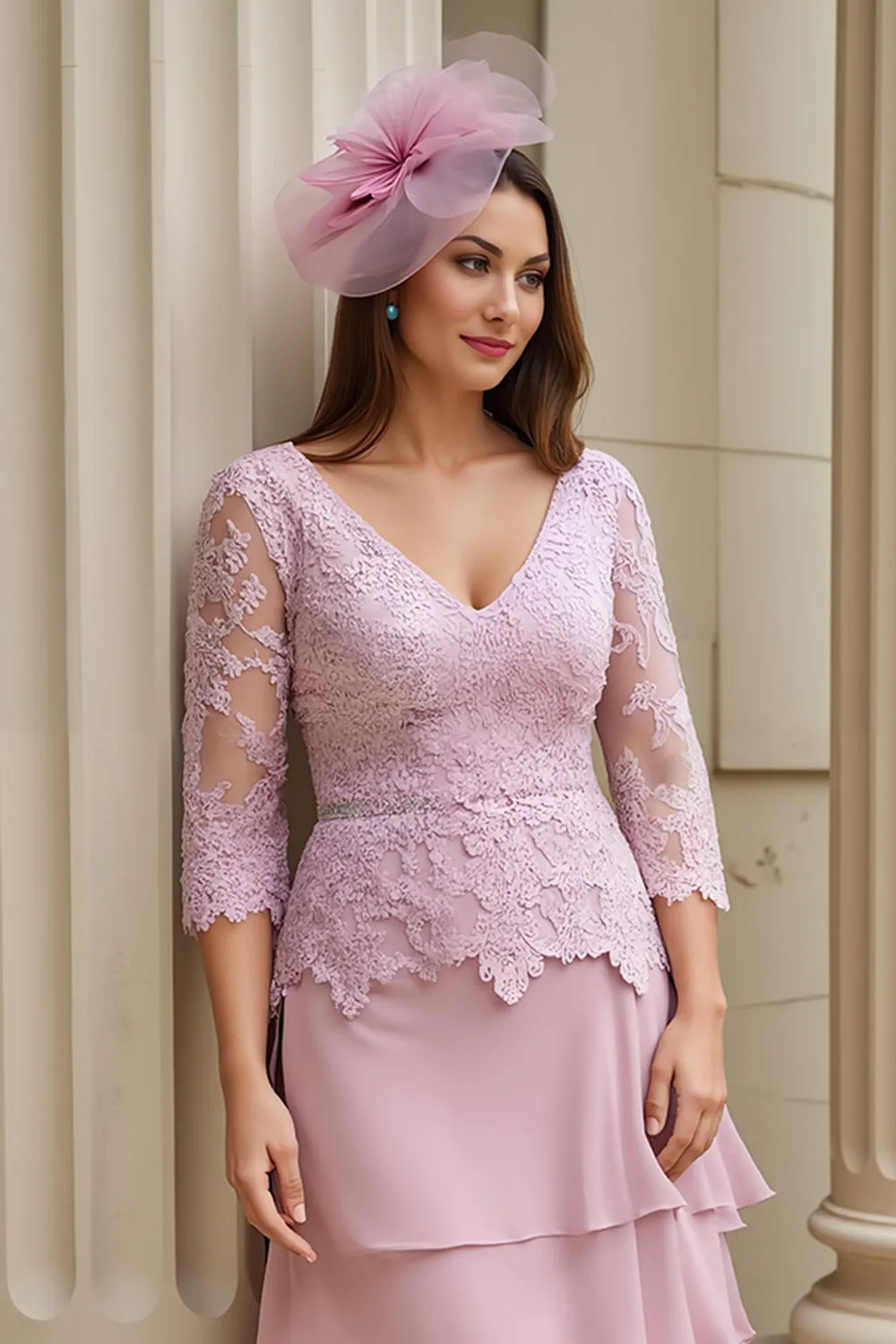 Blush A-Line V-Neck Tiered Chiffon Mother of the Bride Dress with Lace Appliques sold by Zapaka product image thumbnail 2