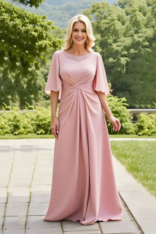 Blush A-Line Bateau Neck Ruched Mother of the Bride Dress With Flutter Sleeves sold by Zapaka