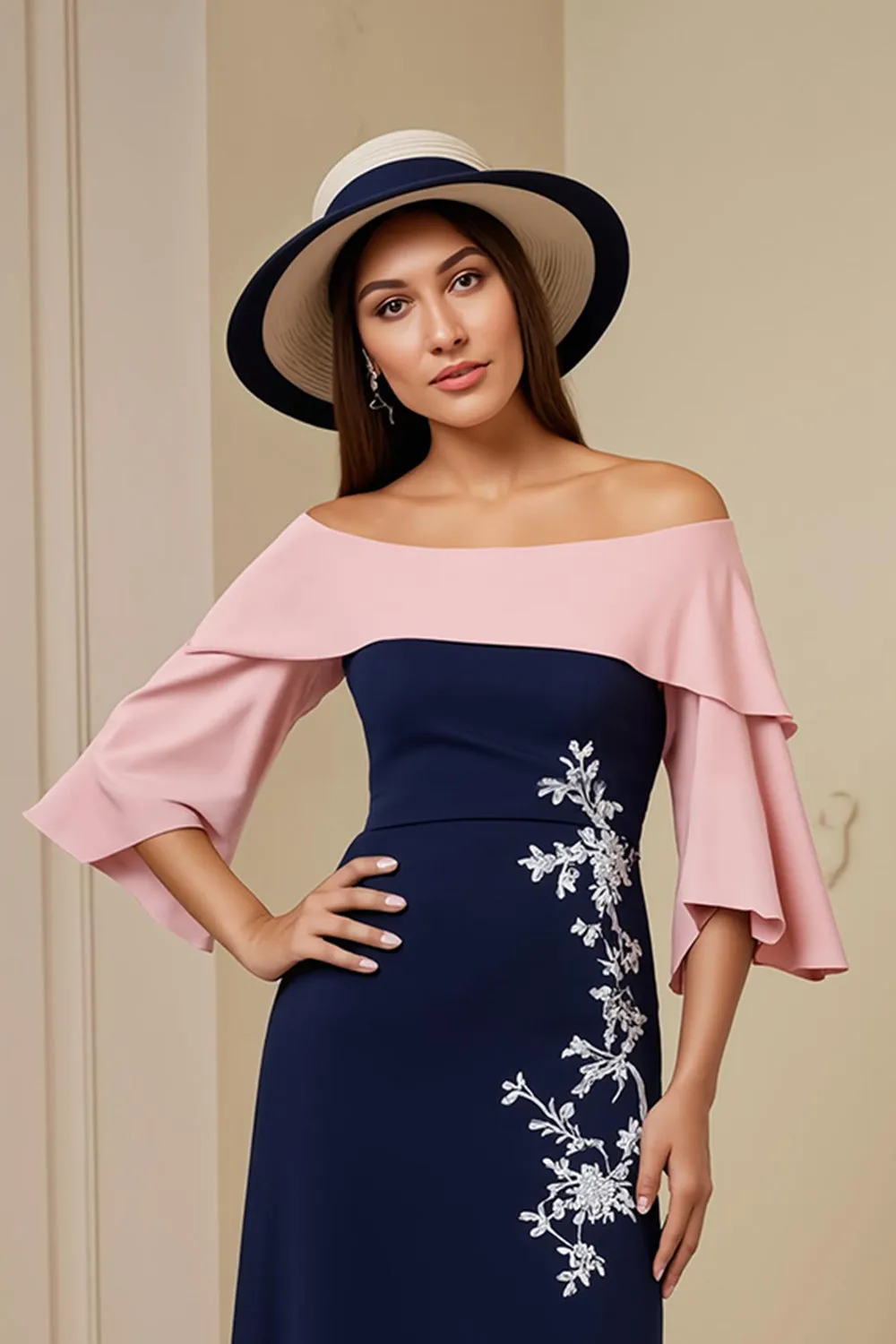 Off the Shoulder Navy Sheath Appliqued Midi Wedding Guest Dress with Slit sold by Zapaka product image thumbnail 3