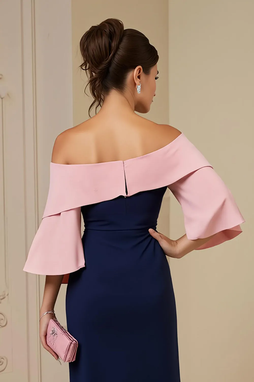 Off the Shoulder Navy Sheath Appliqued Midi Wedding Guest Dress with Slit sold by Zapaka product image thumbnail 4