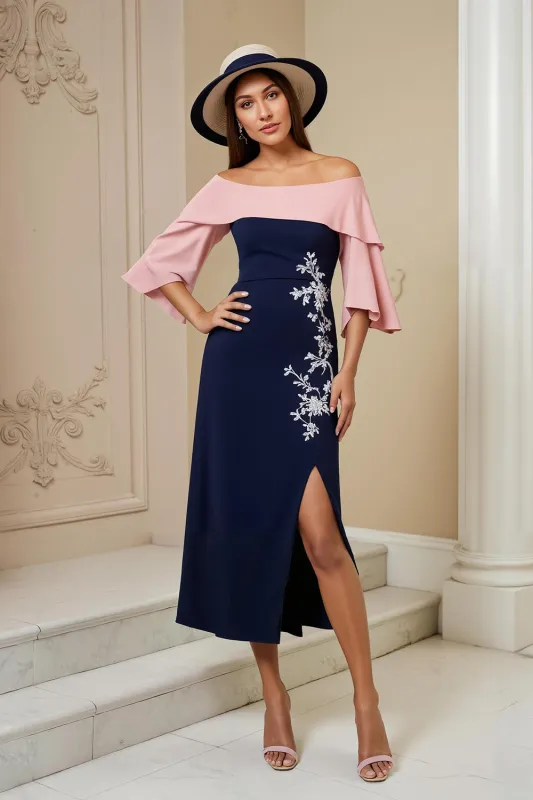Off the Shoulder Navy Sheath Appliqued Midi Wedding Guest Dress with Slit sold by Zapaka