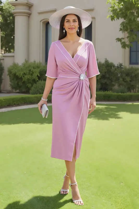 Candy Pink Ruched Midi Wrap Wedding Guest Dress with Half Sleeves sold by Zapaka