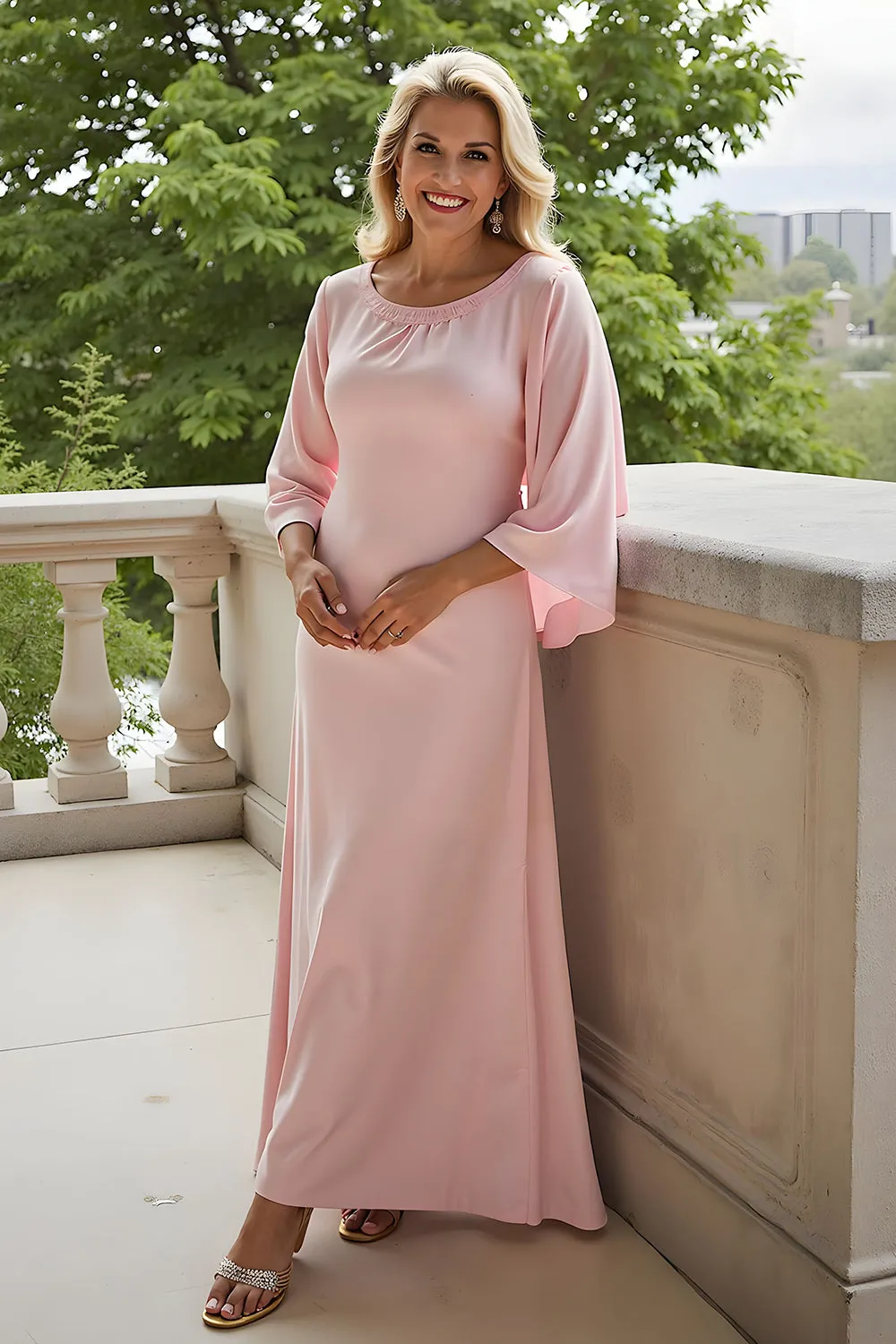 A-Line Candy Pink Bateau Neck 3/4 Sleeve Chiffon Long Mother of the Bride Dress sold by Zapaka