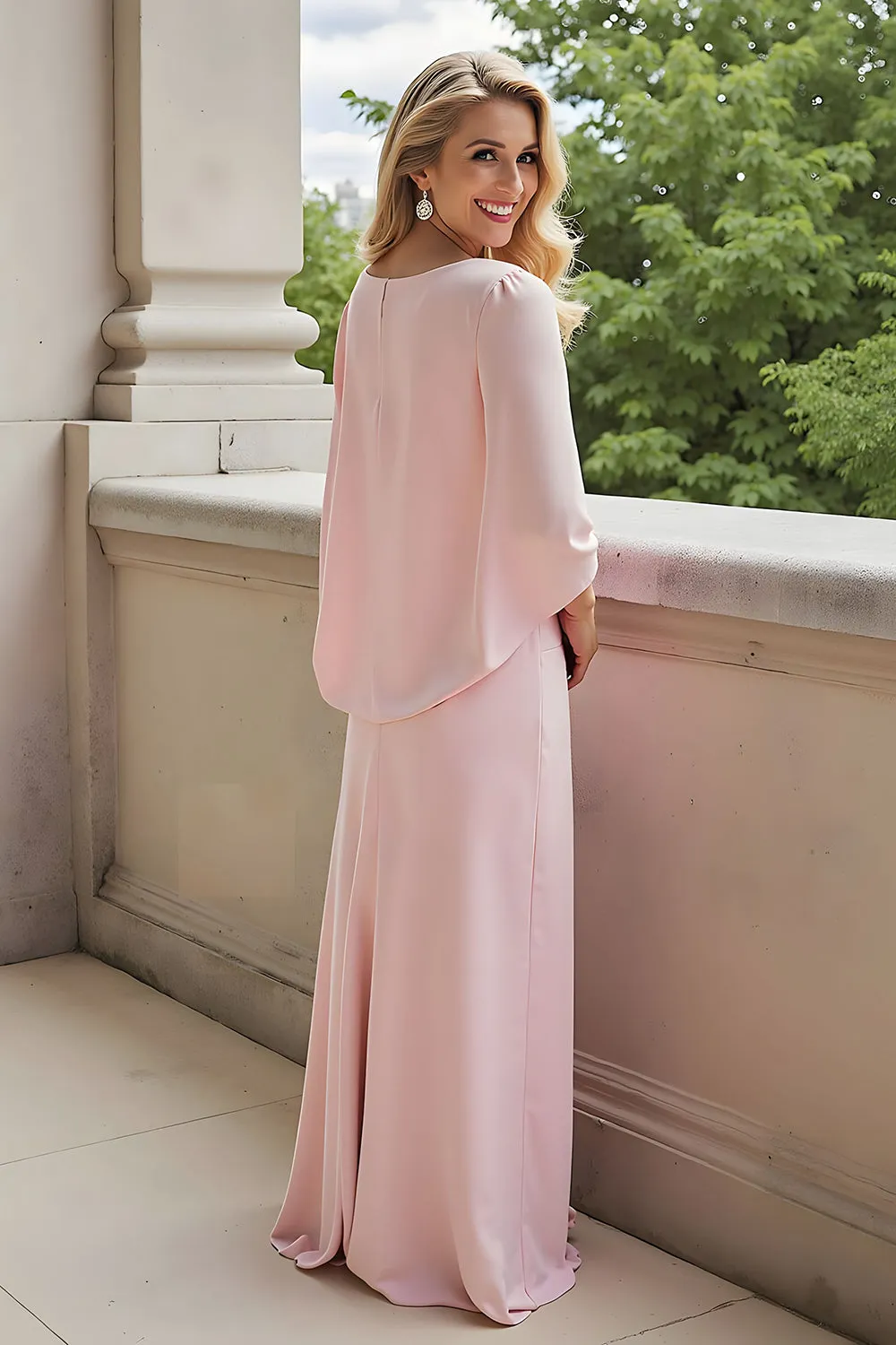 A-Line Candy Pink Bateau Neck 3/4 Sleeve Chiffon Long Mother of the Bride Dress sold by Zapaka product image thumbnail 2