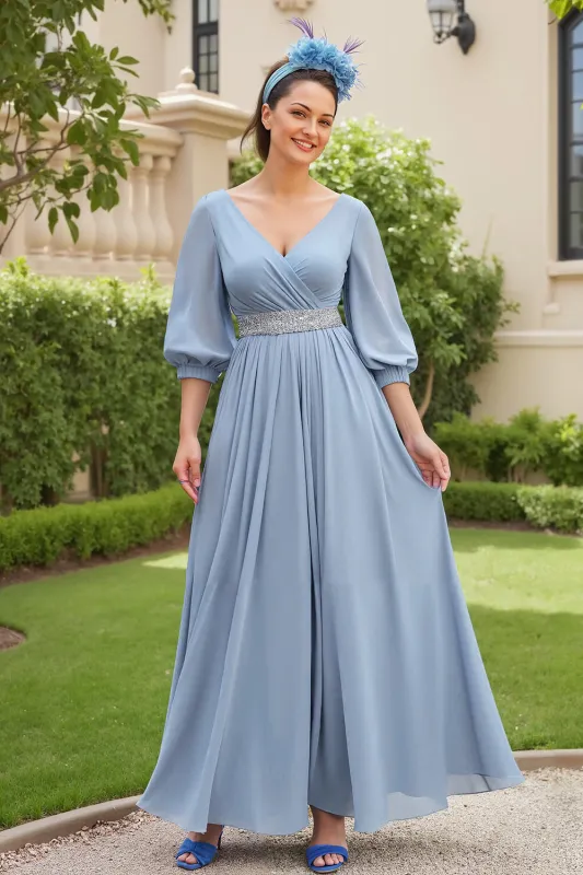 Dusty Blue A Line 3/4 Sleeve Chiffon Wedding Guest Dress with Beading sold by Zapaka