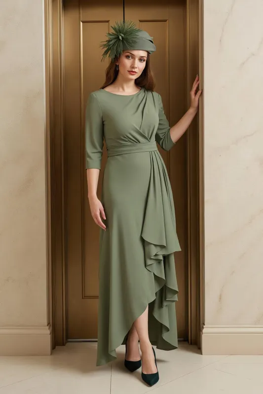 Olive A-Line Bateau Neck 3/4 Sleeve Ruched Mother of the Bride Dress with Ruffles sold by Zapaka