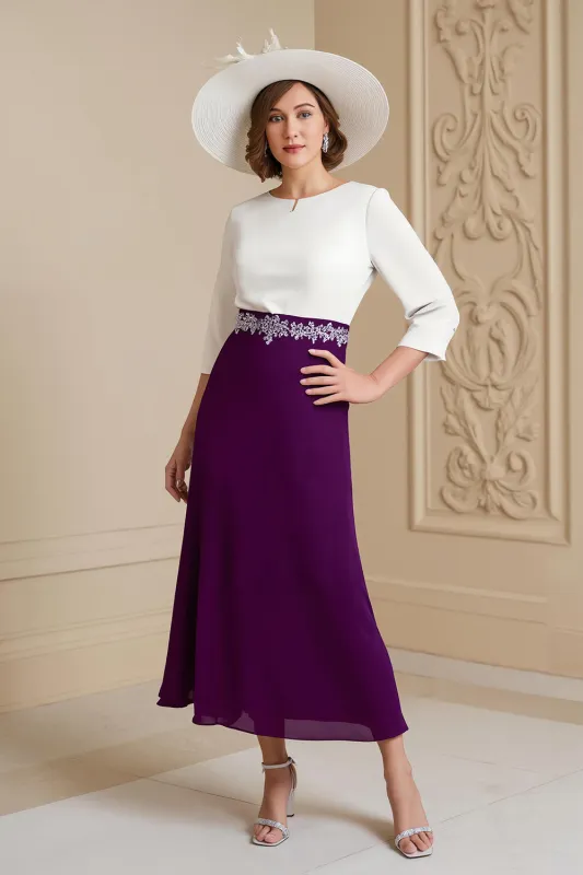 Grape 3/4 Sleeve Bateau Neck A Line Midi Wedding Guest Dress sold by Zapaka