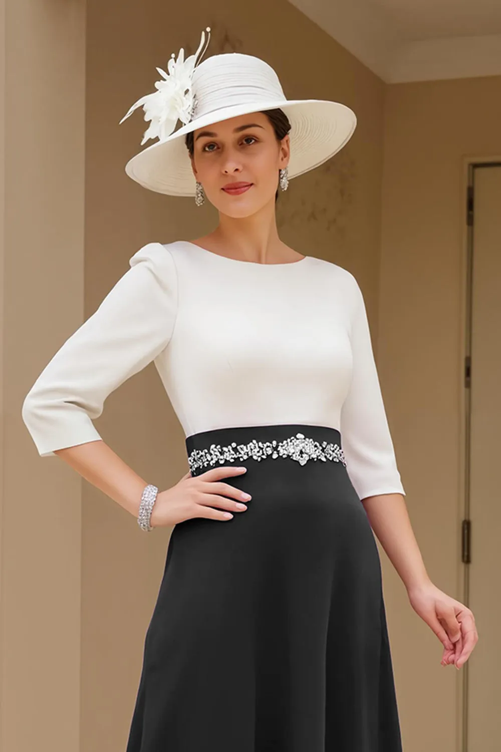 Black and White A-Line Bateau Neck Mother of the Bride Dress with Beading sold by Zapaka product image thumbnail 3