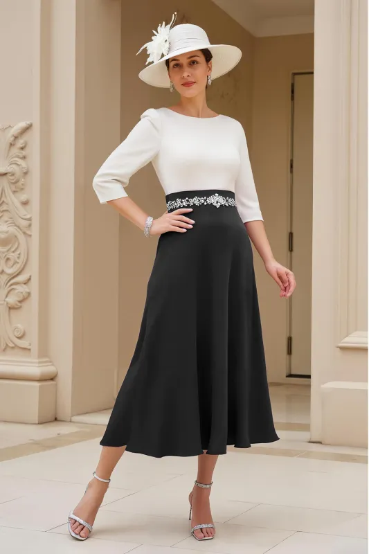 Black and White A-Line Bateau Neck Mother of the Bride Dress with Beading sold by Zapaka