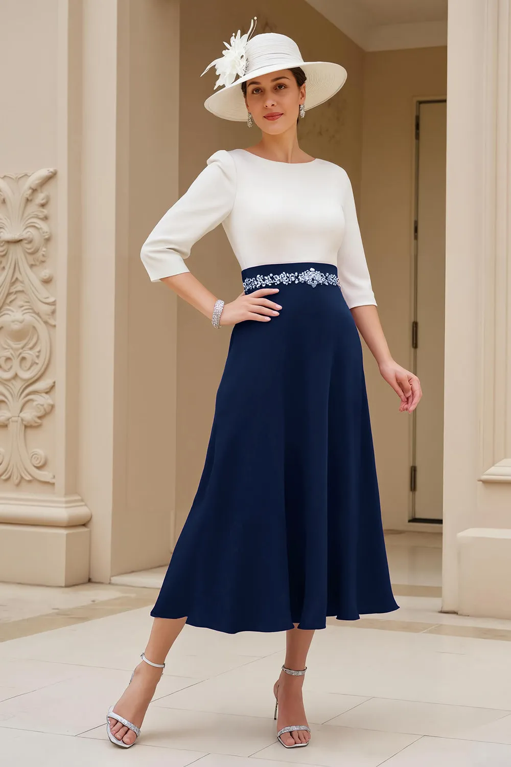 Black and White A-Line Bateau Neck Mother of the Bride Dress with Beading sold by Zapaka product image thumbnail 5