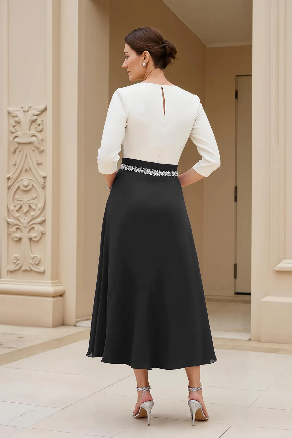 Black and White A-Line Bateau Neck Mother of the Bride Dress with Beading sold by Zapaka product image thumbnail 2