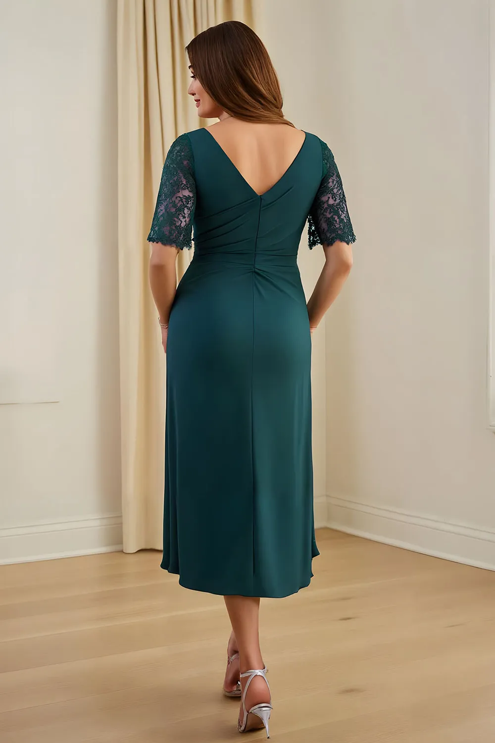 Pine Sheath V Neck Ruched Midi Wedding Guest Dress with Lace sold by Zapaka product image thumbnail 2