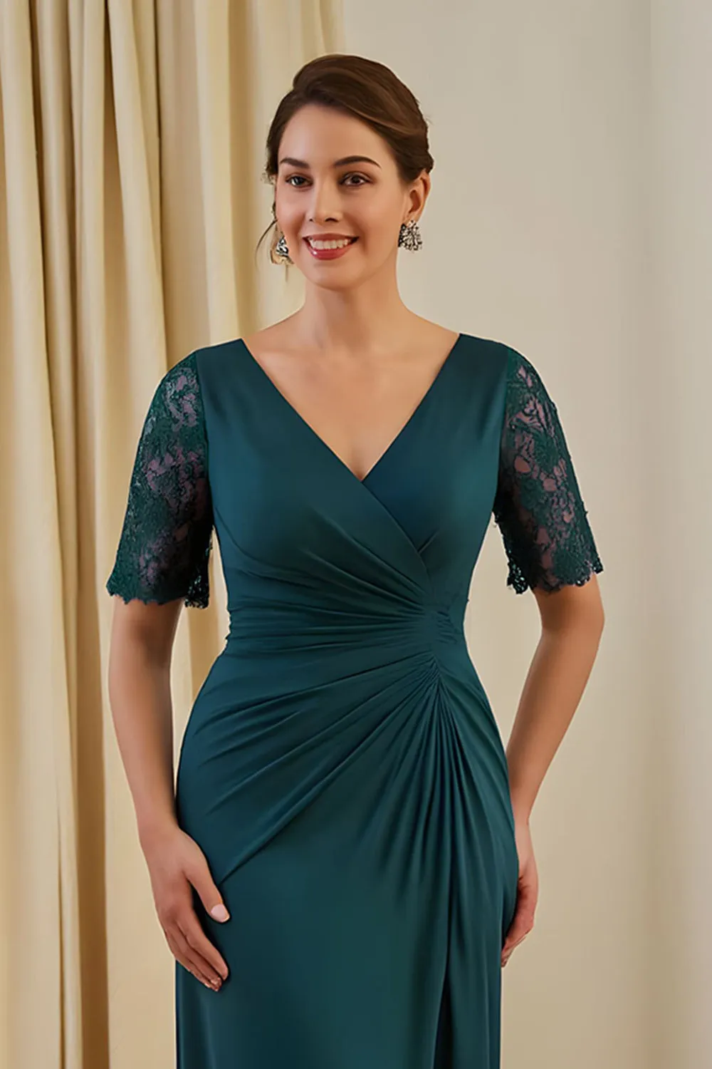 Pine Sheath V Neck Ruched Midi Wedding Guest Dress with Lace sold by Zapaka product image thumbnail 3
