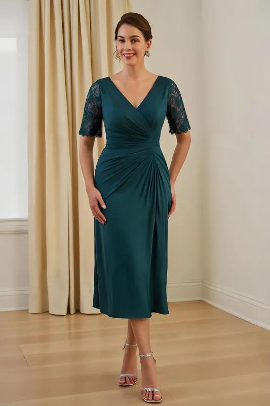 Pine Sheath V Neck Ruched Midi Wedding Guest Dress with Lace sold by Zapaka