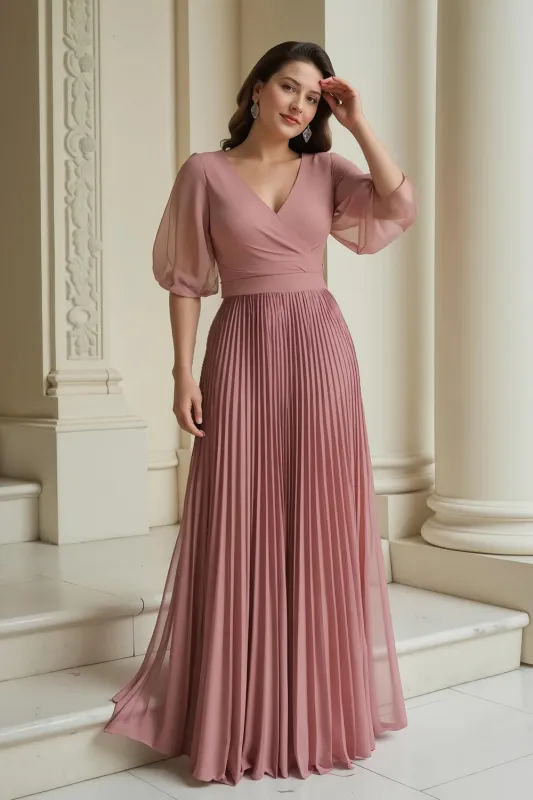 Dusty Rose A-Line V-Neck Chiffon Long Mother of the Bride Dress with Ruffles sold by Zapaka