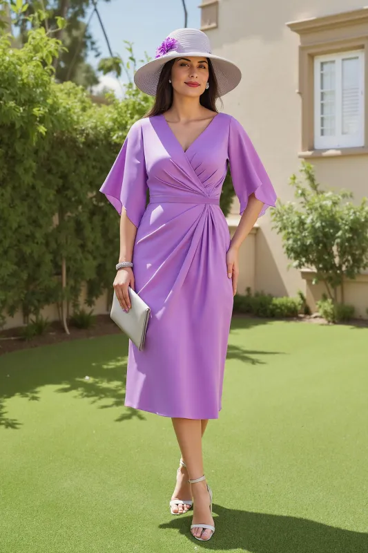 Purple Ruched V Neck Midi Wedding Guest Dress with Flutter Sleeves sold by Zapaka