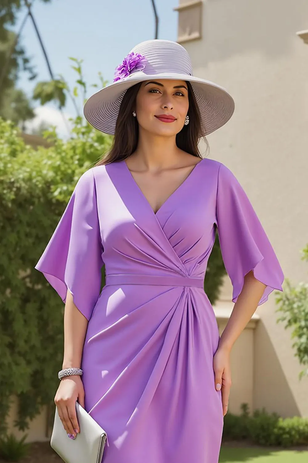 Purple Ruched V Neck Midi Wedding Guest Dress with Flutter Sleeves sold by Zapaka product image thumbnail 3