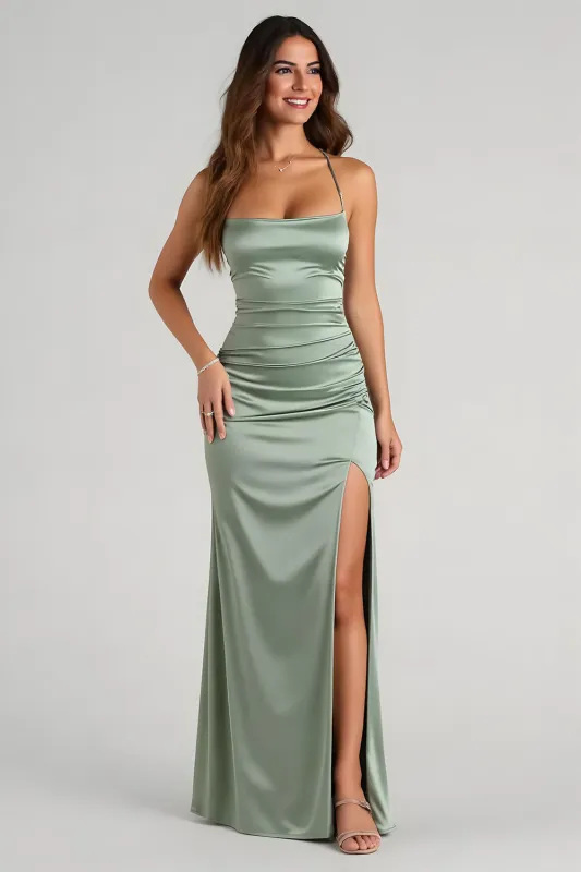 Eucalyptus Satin Ruched Sheath Long Bridesmaid Dress with Slit sold by Zapaka