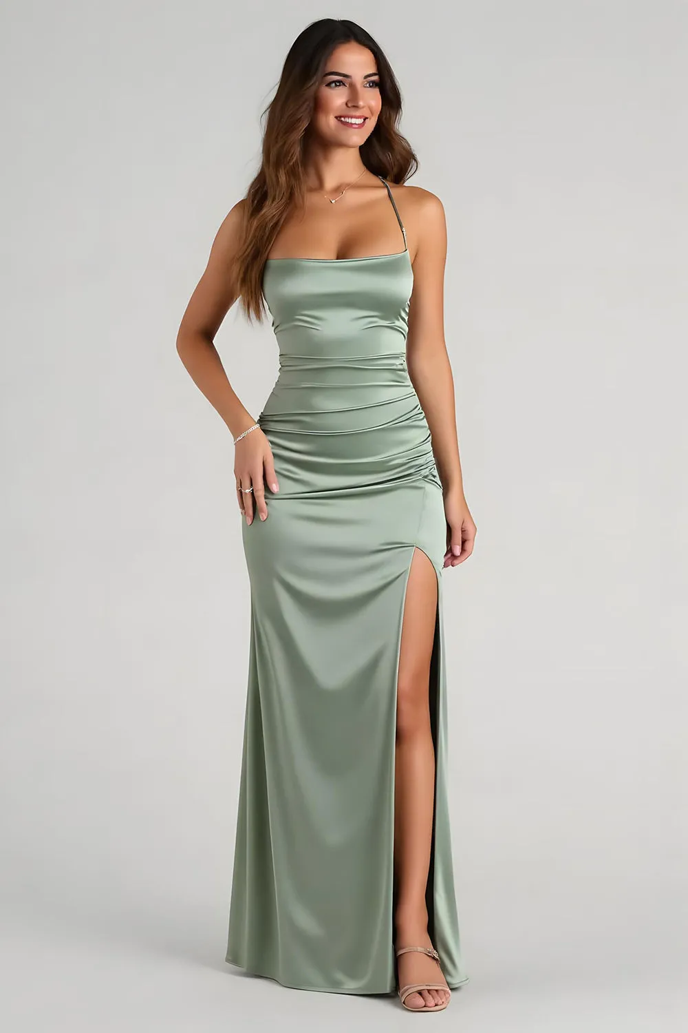 Eucalyptus Satin Ruched Sheath Long Bridesmaid Dress with Slit sold by Zapaka