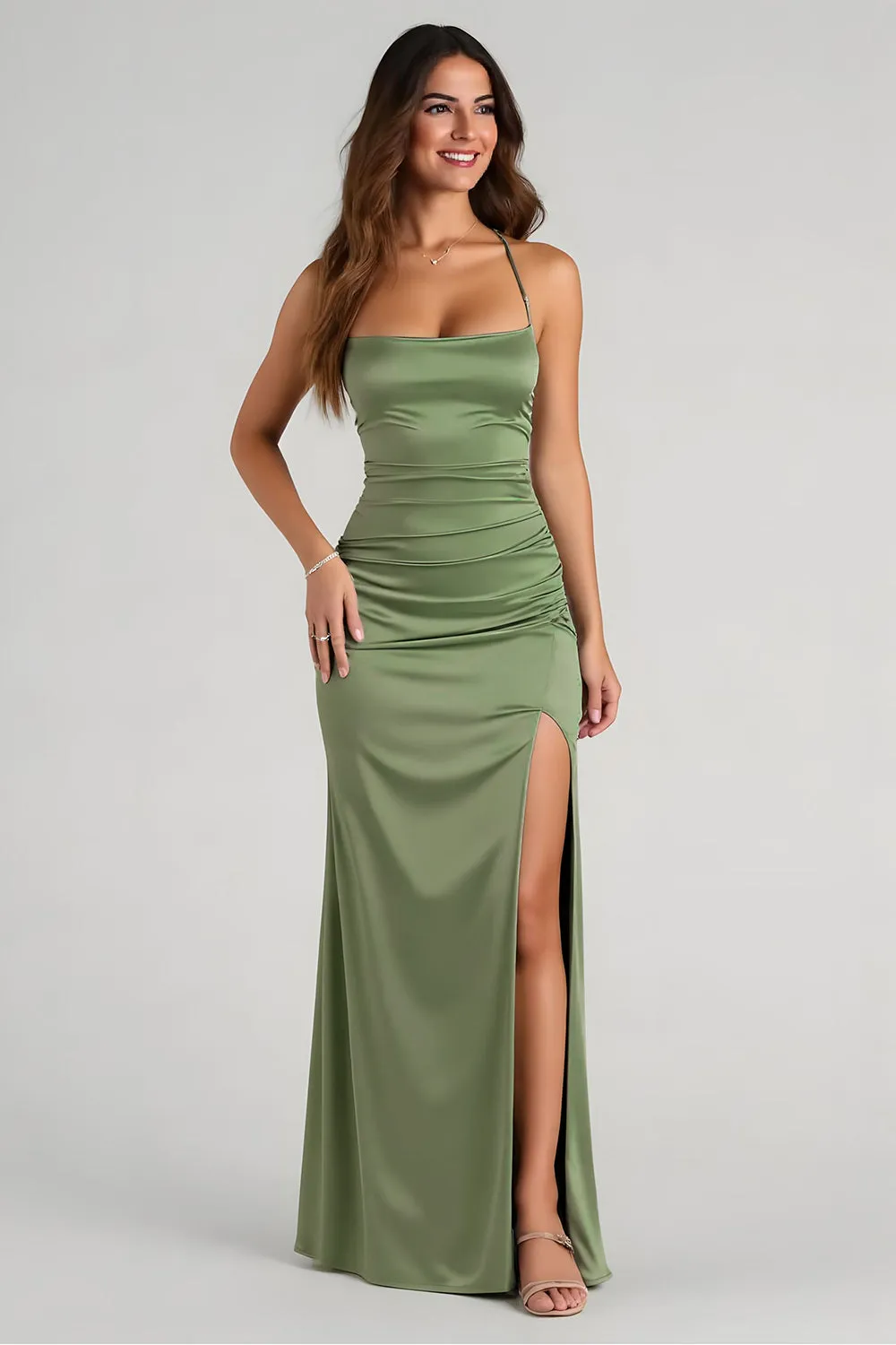 Eucalyptus Satin Ruched Sheath Long Bridesmaid Dress with Slit sold by Zapaka product image thumbnail 5