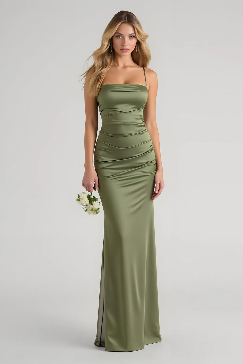 Olive Satin Ruched Spaghetti Straps Long Sheath Bridesmaid Dress sold by Zapaka