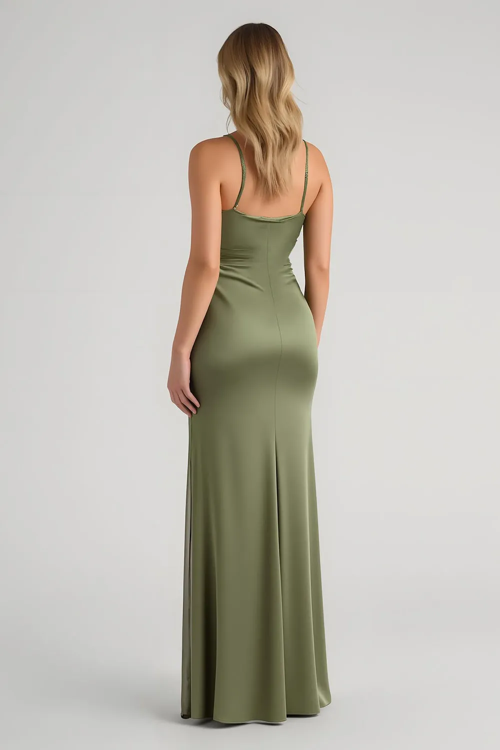 Olive Satin Ruched Spaghetti Straps Long Sheath Bridesmaid Dress sold by Zapaka product image thumbnail 2