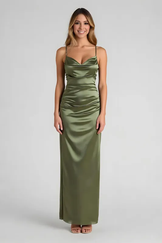Olive Spaghetti Straps Satin Ruched Sheath Long Bridesmaid Dress sold by Zapaka