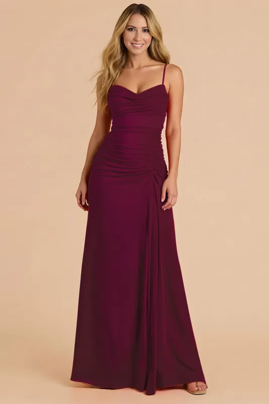 Burgundy Spagheeti Straps Ruched Sheath Long Bridesmaid Dress sold by Zapaka