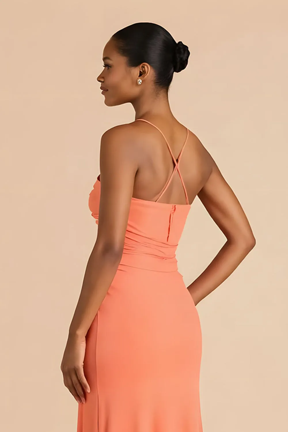Orange Strapless Ruched Sheath Long Bridesmaid Dress with Slit sold by Zapaka product image thumbnail 4