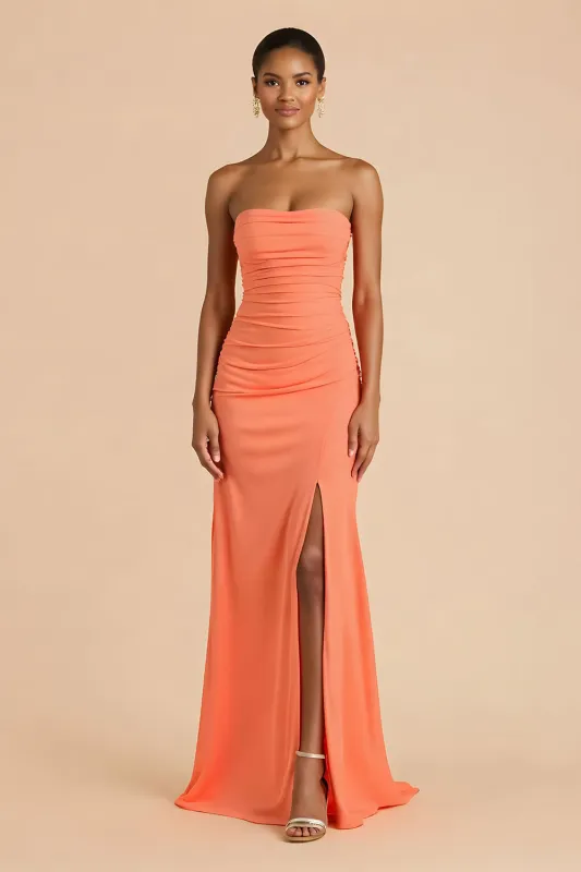 Orange Strapless Ruched Sheath Long Bridesmaid Dress with Slit sold by Zapaka