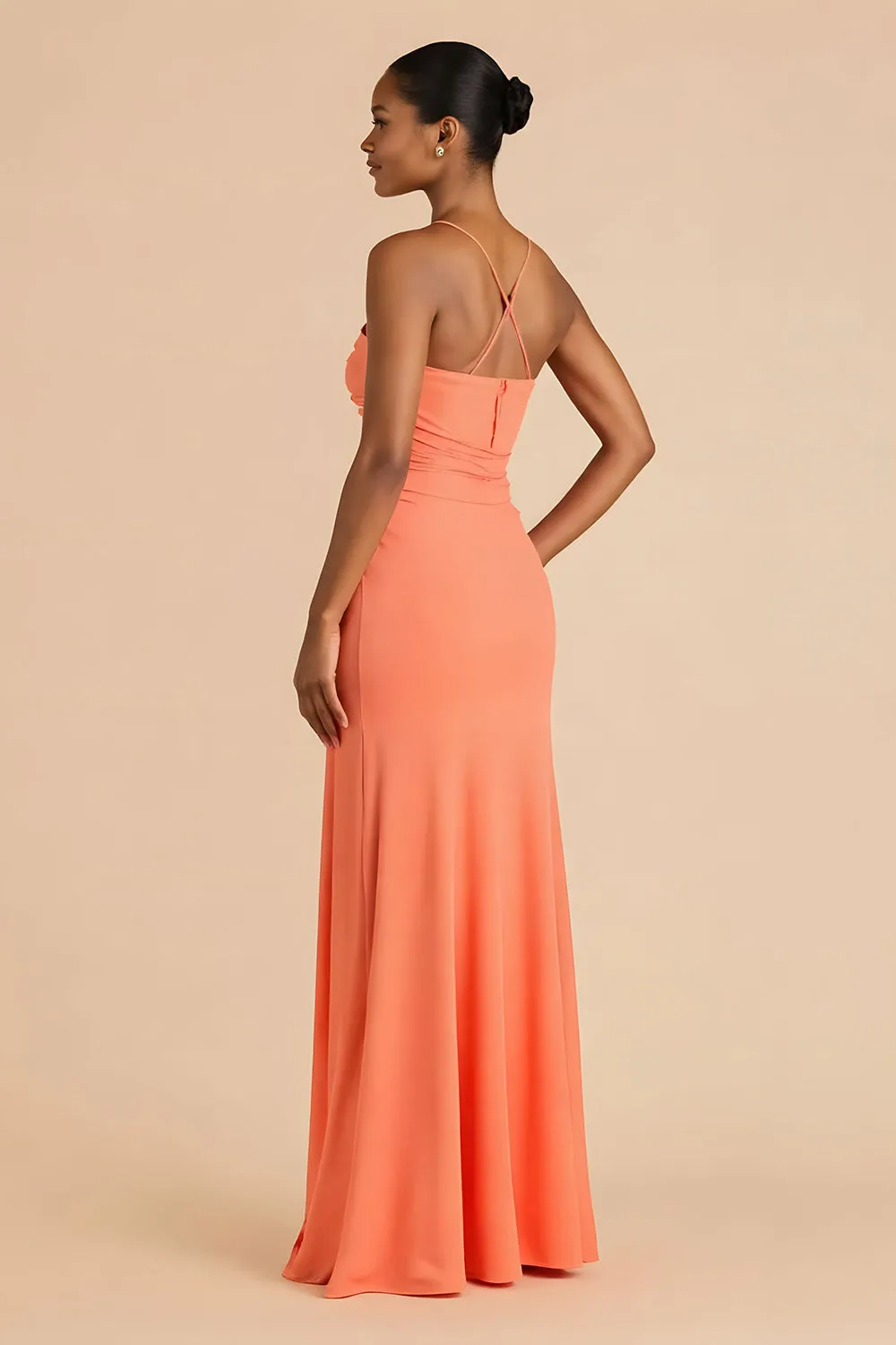 Orange Strapless Ruched Sheath Long Bridesmaid Dress with Slit sold by Zapaka product image thumbnail 2